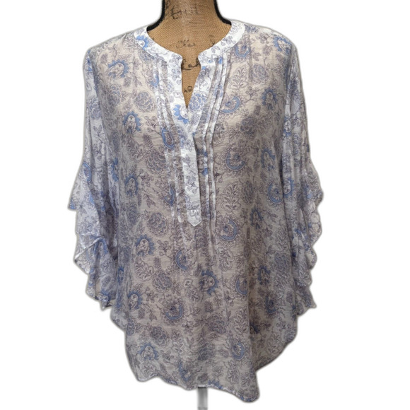 NWT Vince Camuto Ruffle Sleeve Popover Blouse Ultra White Blue Floral Size Large - Picture 1 of 6